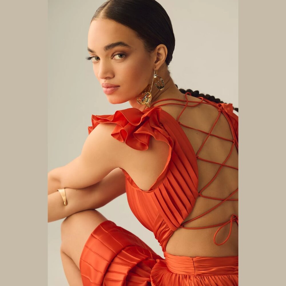 $498 Mac Duggal Size 4 Orange Pleated Corset Lace Up Back Ruffle Gown Maxi Dress - Picture 3 of 3